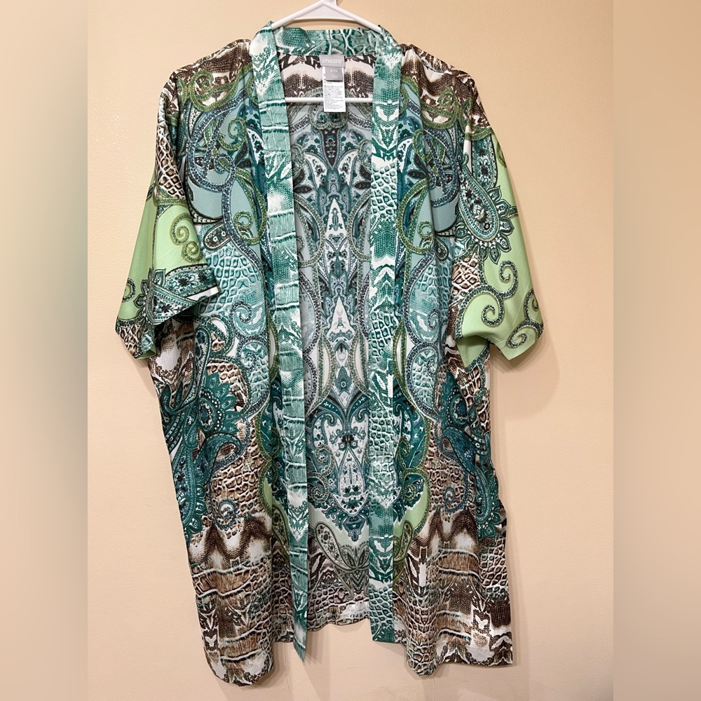 Chico’s, open tunic, S/M, turquoise, yellow, green, black. Like new. Used once.